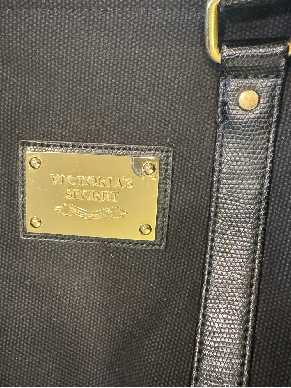 Victoria's Secret Black Duffel Bag with Gold Hardware Plate